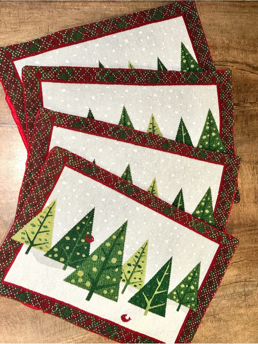 Set of 4 Christmas Tree Tapestry Placemats Red Green Holiday Cardinal